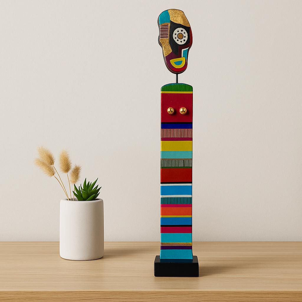 Sculpture Totem Colorée – Design Abstrait & Visage Stylisé