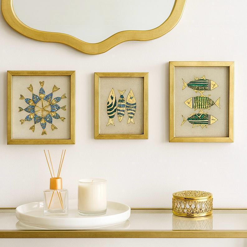 Cadres décoratifs poissons dorés et turquoise