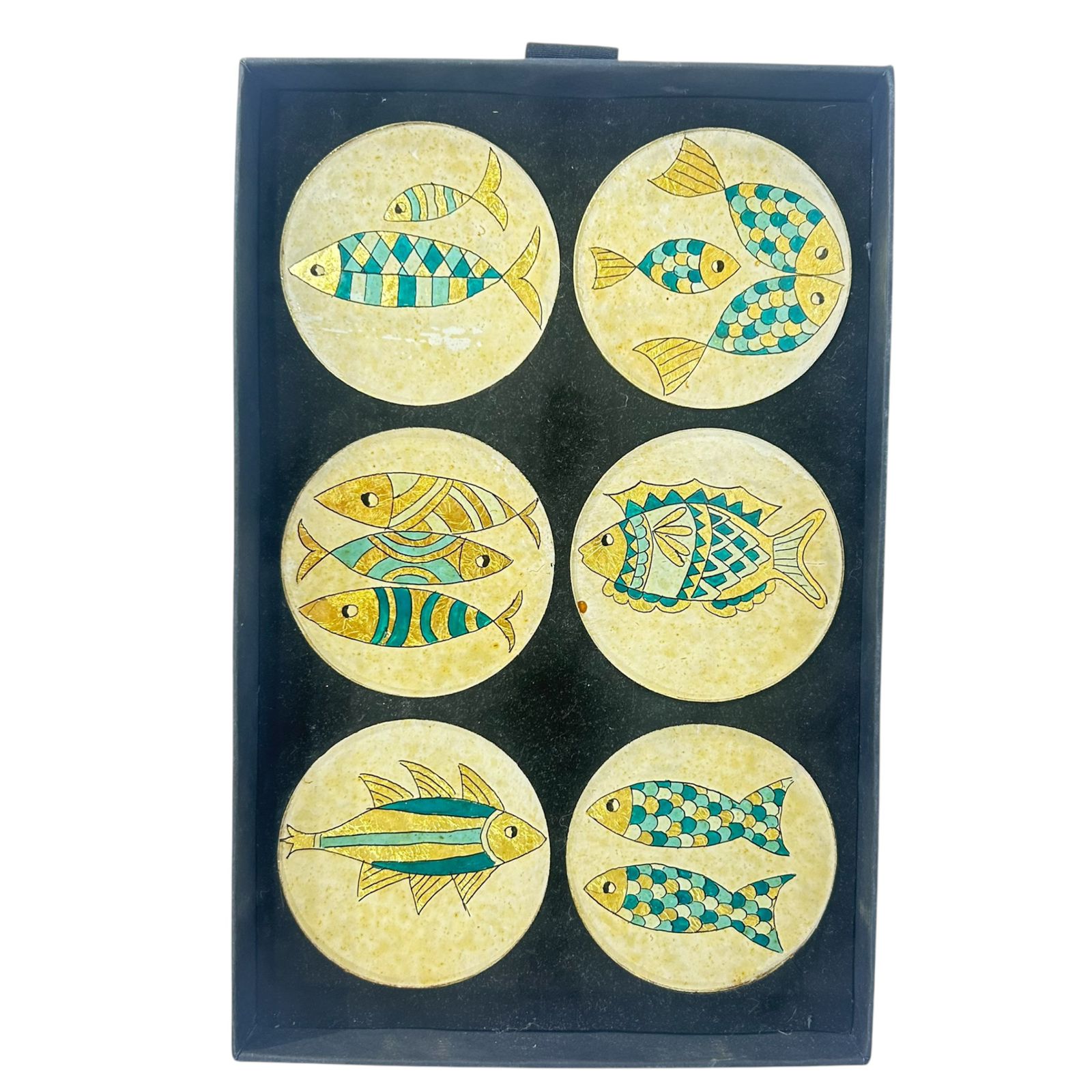 Coffret 6 sous-tasses artisanales à la feuille d’or " POISSON BLEUS "