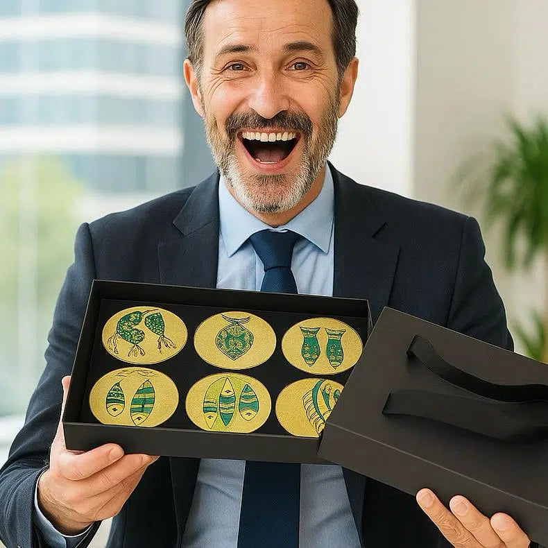 Coffret 6 sous-tasses artisanales à la feuille d’or " POISSON BLEUS "