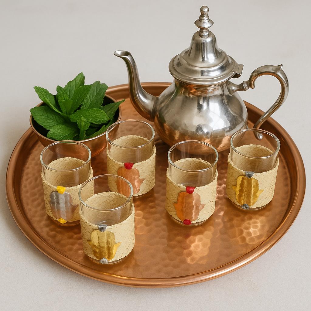 Coffret -de 6 verres à thé khomsa - Paille et cuivre 3 couleurs