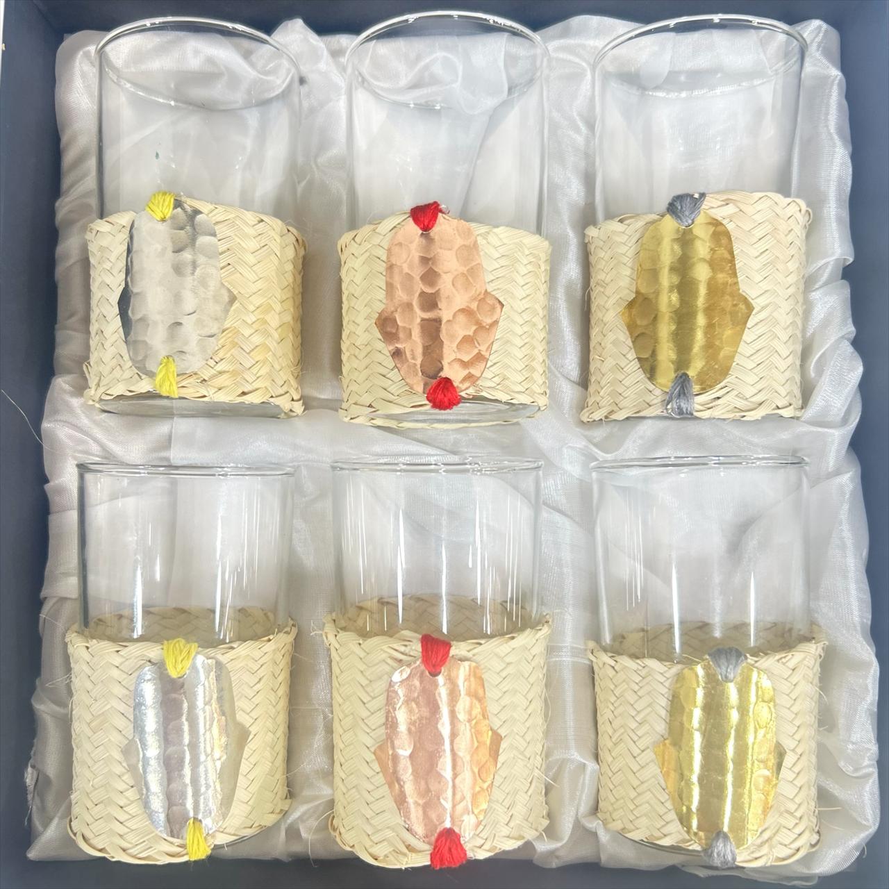 Coffret -de 6 verres à thé khomsa - Paille et cuivre 3 couleurs