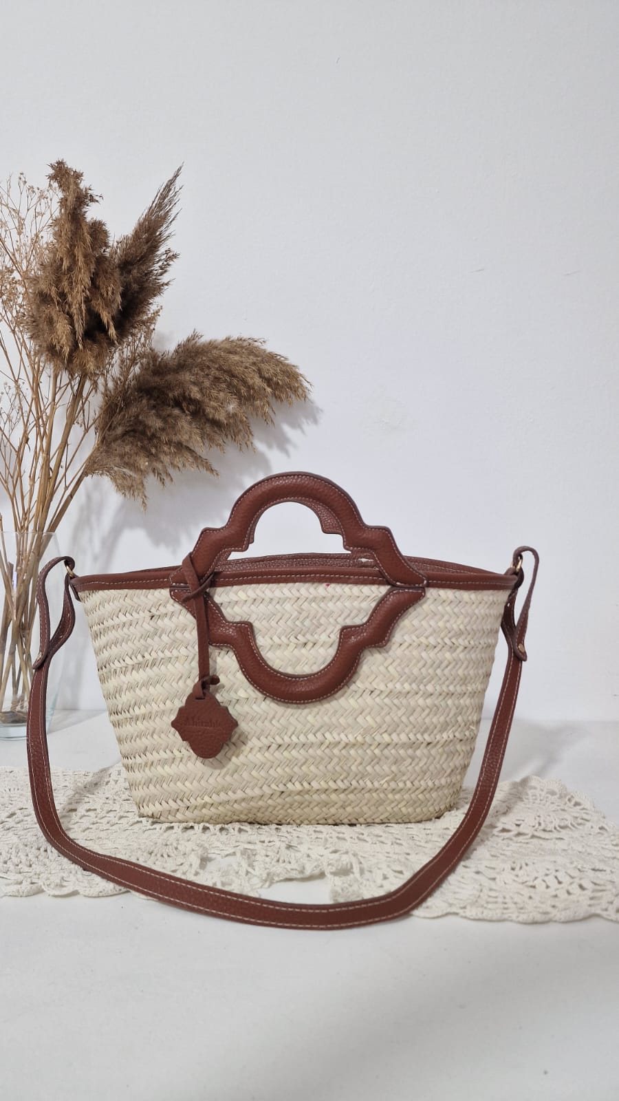 Couffin en palmier et véritable cuir Marron