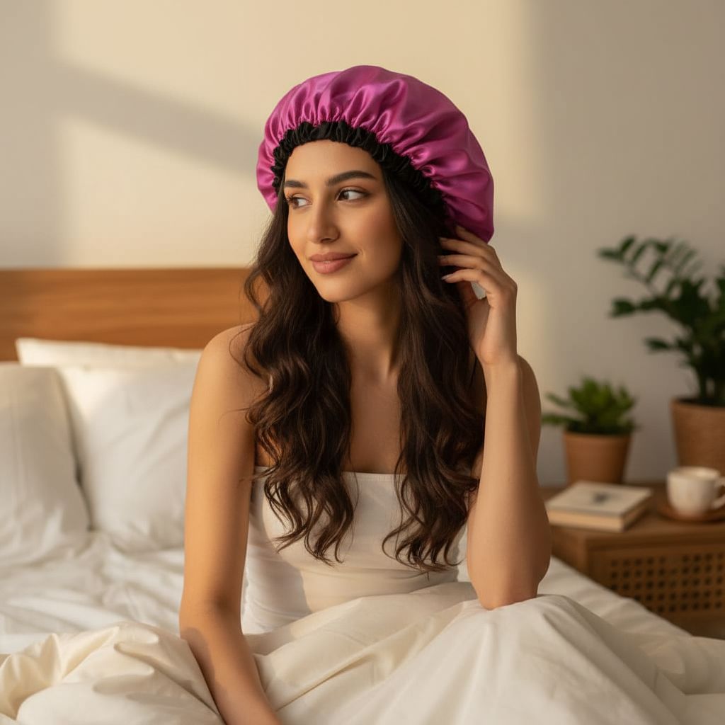 bonnet satin rose fushia réversible pour protéger vos cheveux