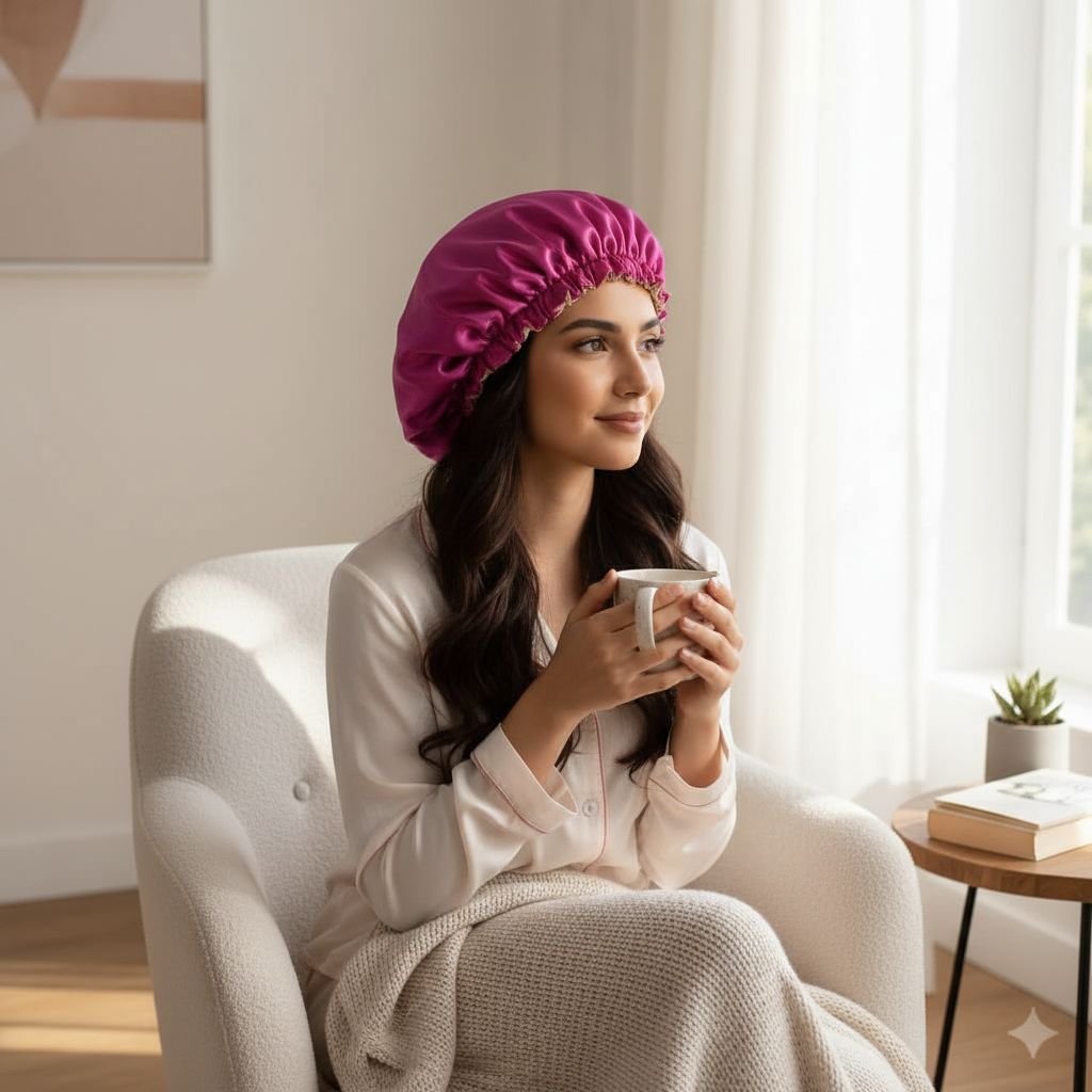 bonnet satin rose fushia réversible pour protéger vos cheveux