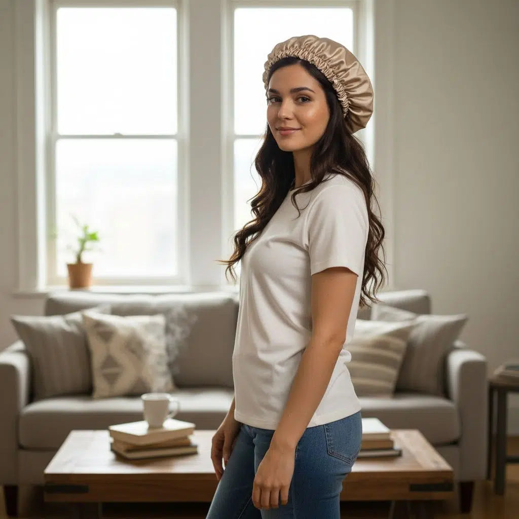 bonnet satin beige d'orée pour une protection cheveux élite