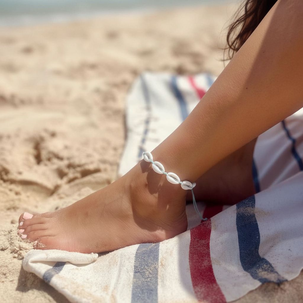 bracelet cheville coquillages blancs en fil bleu ciel ajustable