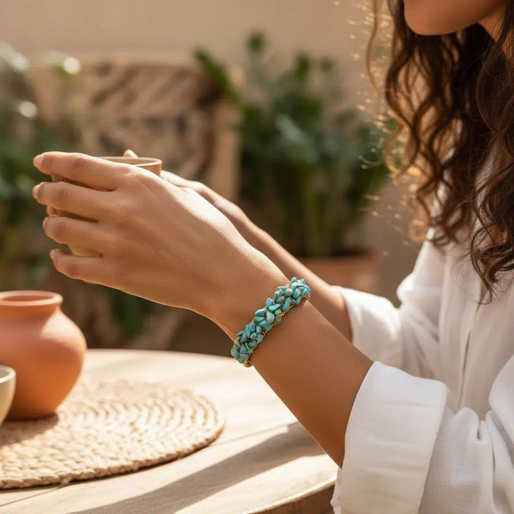 Bracelet cuivre élégant avec turquoise et tourmaline bien-être
