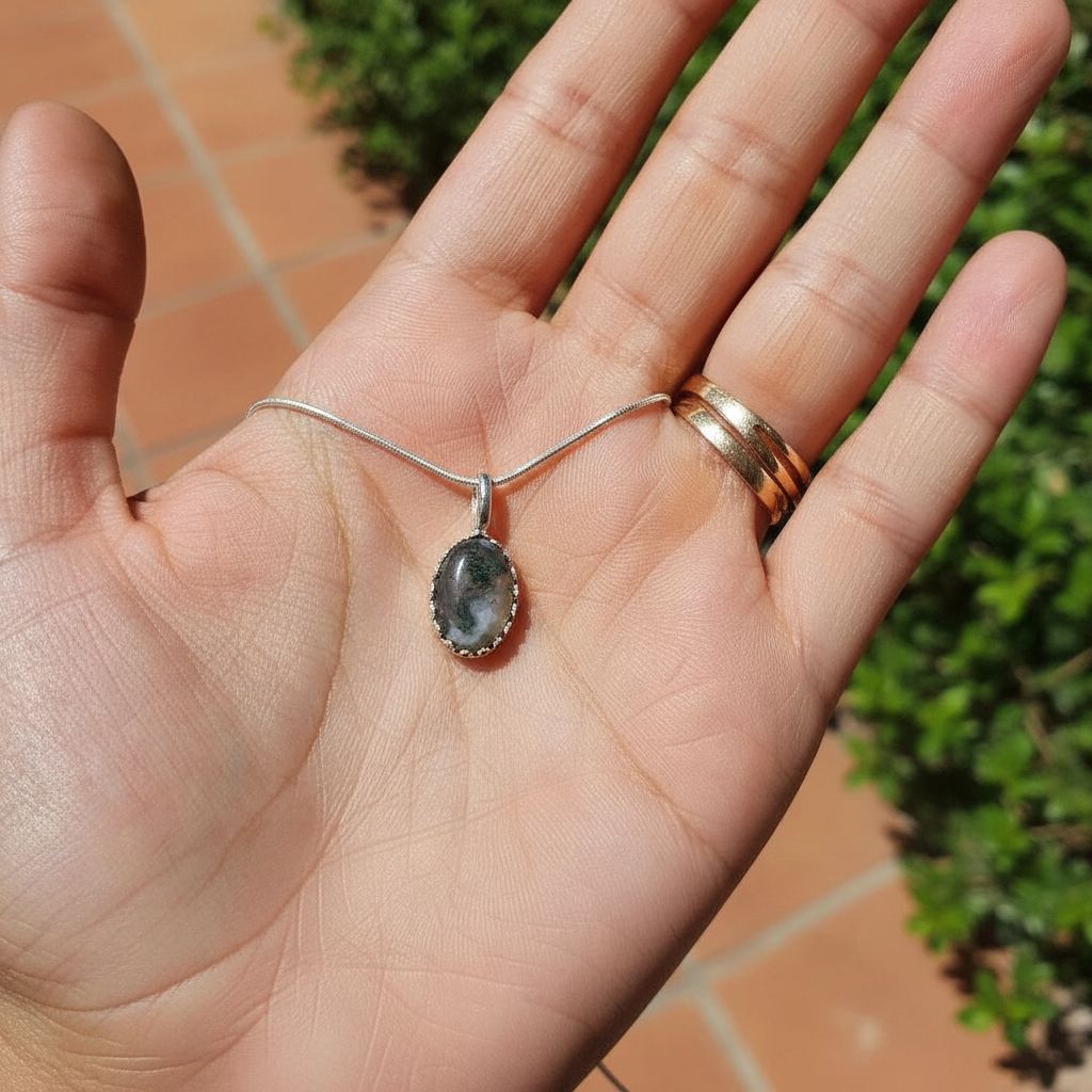 collier argent 925 et agate mousse unique qualité premium