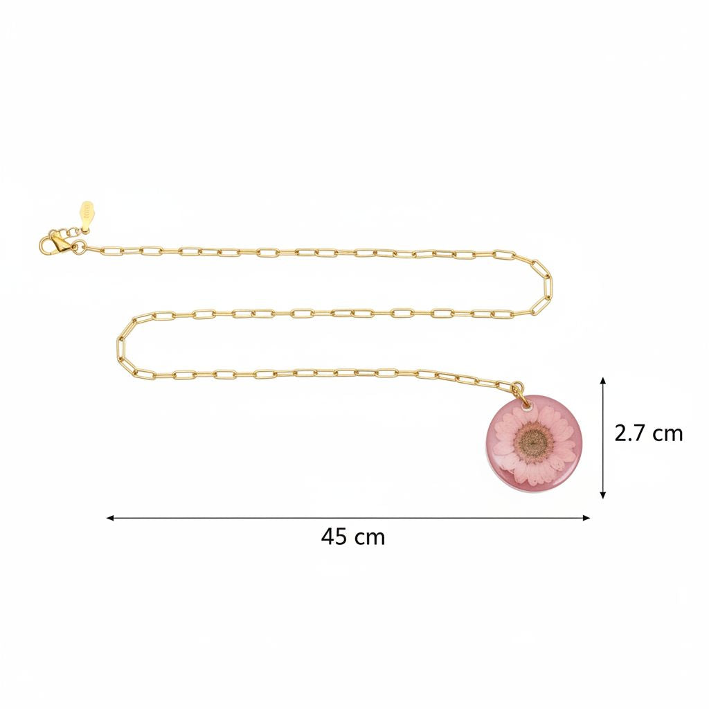 Collier femme en résine époxy rose élégant avec fleur naturelle