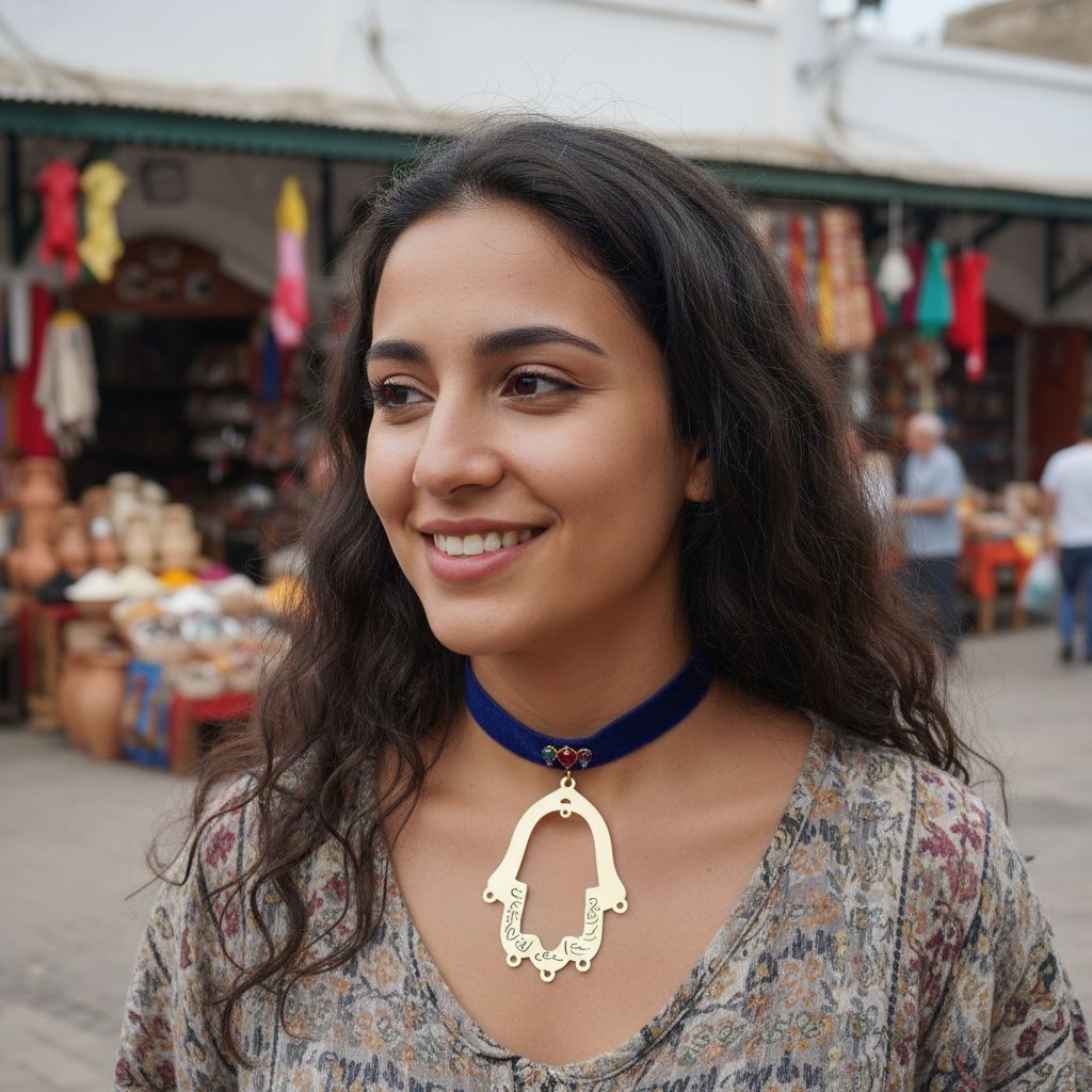 Collier velours élégant avec pendentif main de fatma