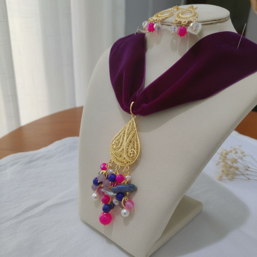 collier velours mauve en or 18k chic et élégant pour briller