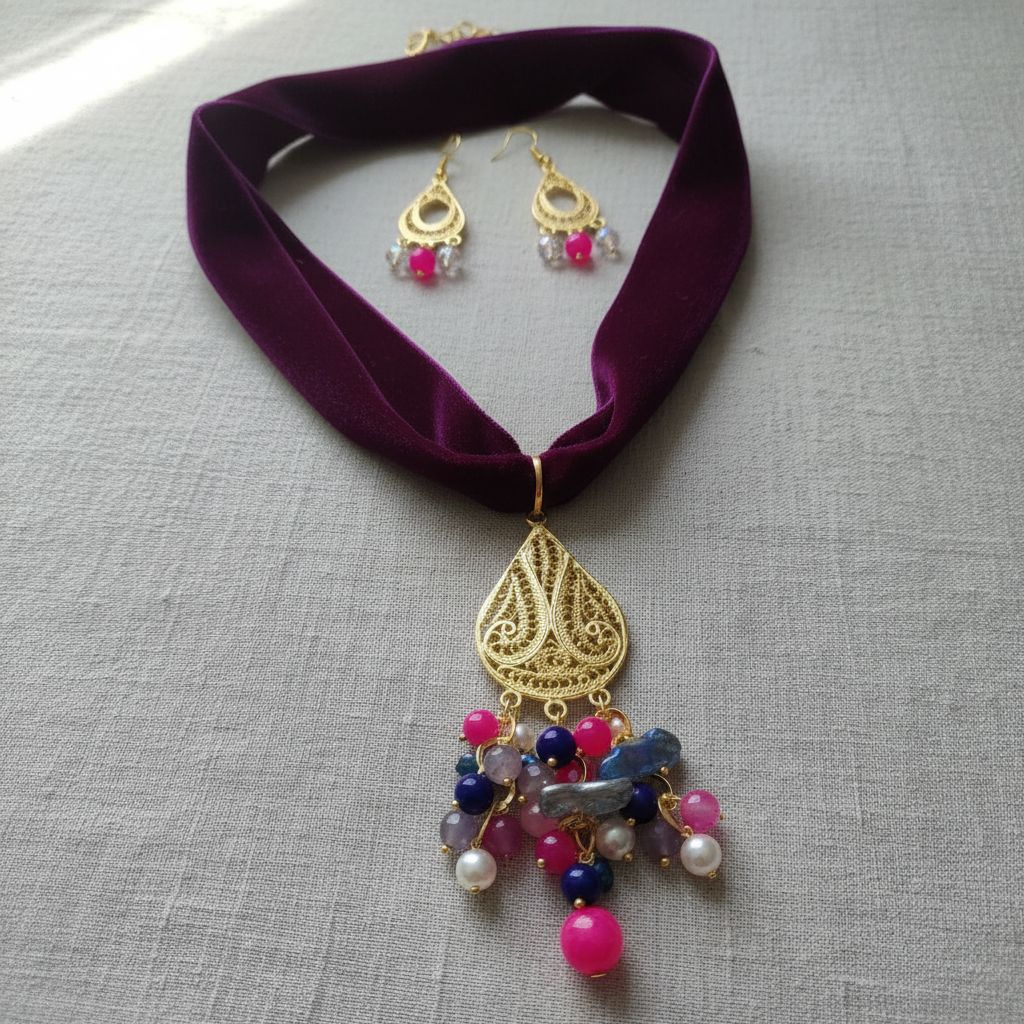 collier velours mauve en cuivre or 18k style khomsa exclusif