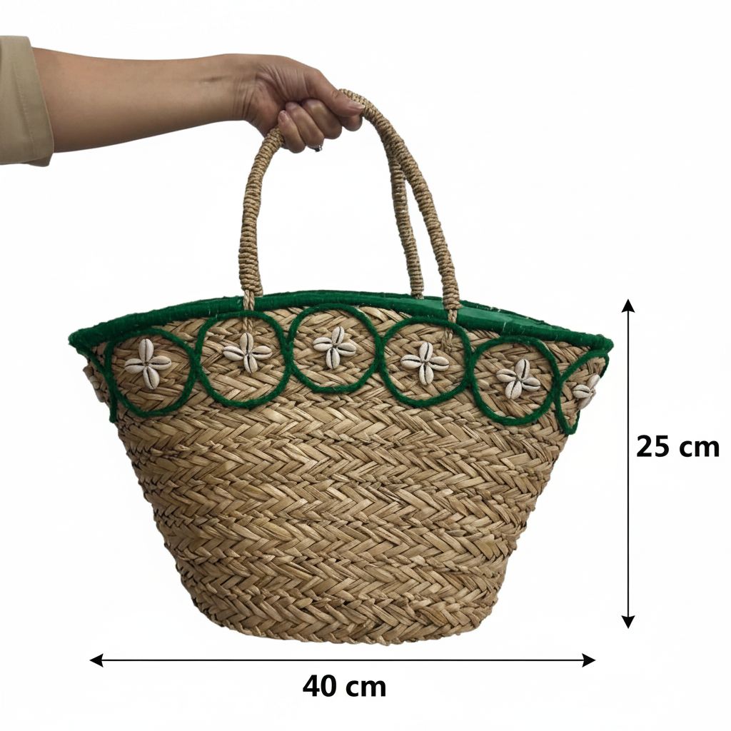 Couffin plage en osier naturel avec coquillages verts