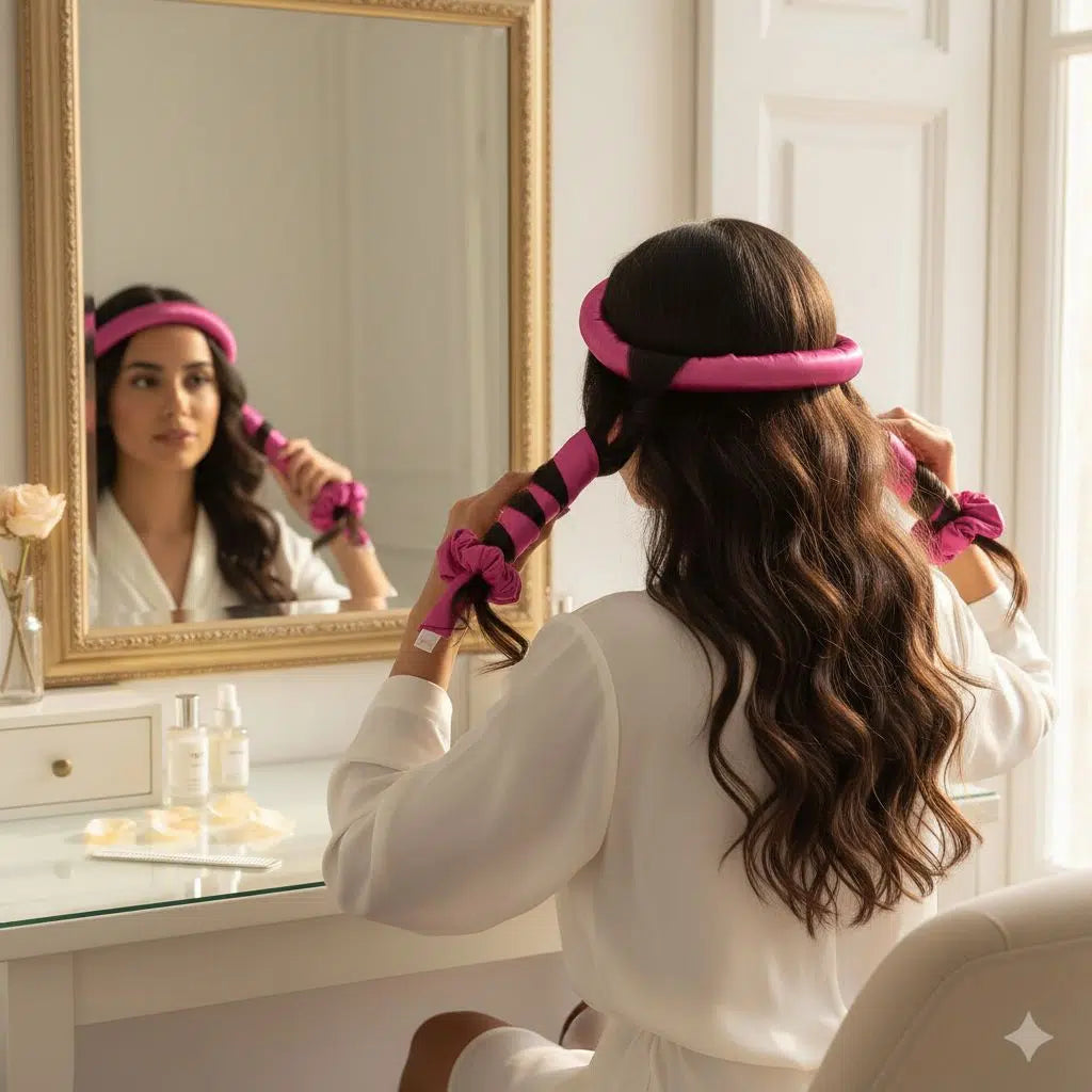 Bandeau Satin rose fushia & Scrunchies Anti-Frisottis