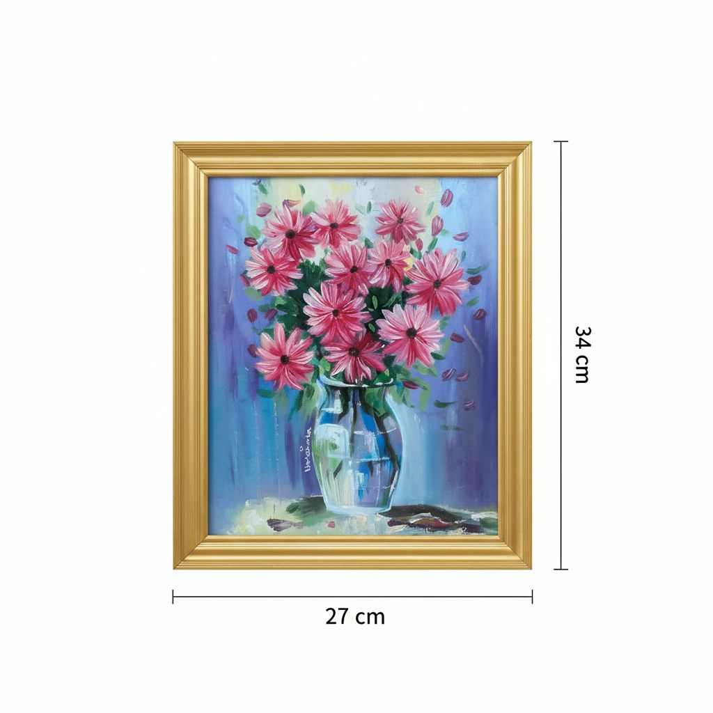 tableau floral unique en acrylique cadre vintage 1980 27x34 cm