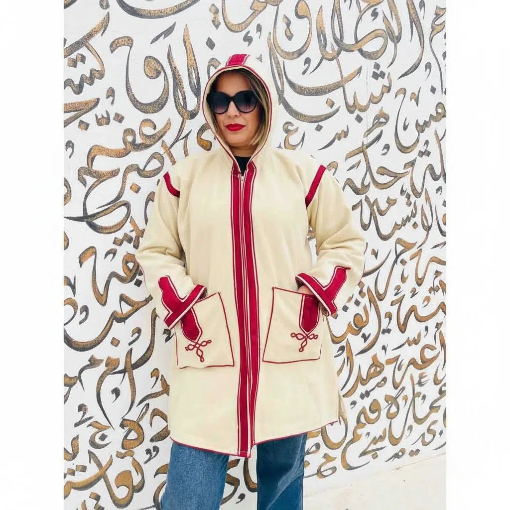 manteau laine beige élégant avec détails bordeaux taille M L