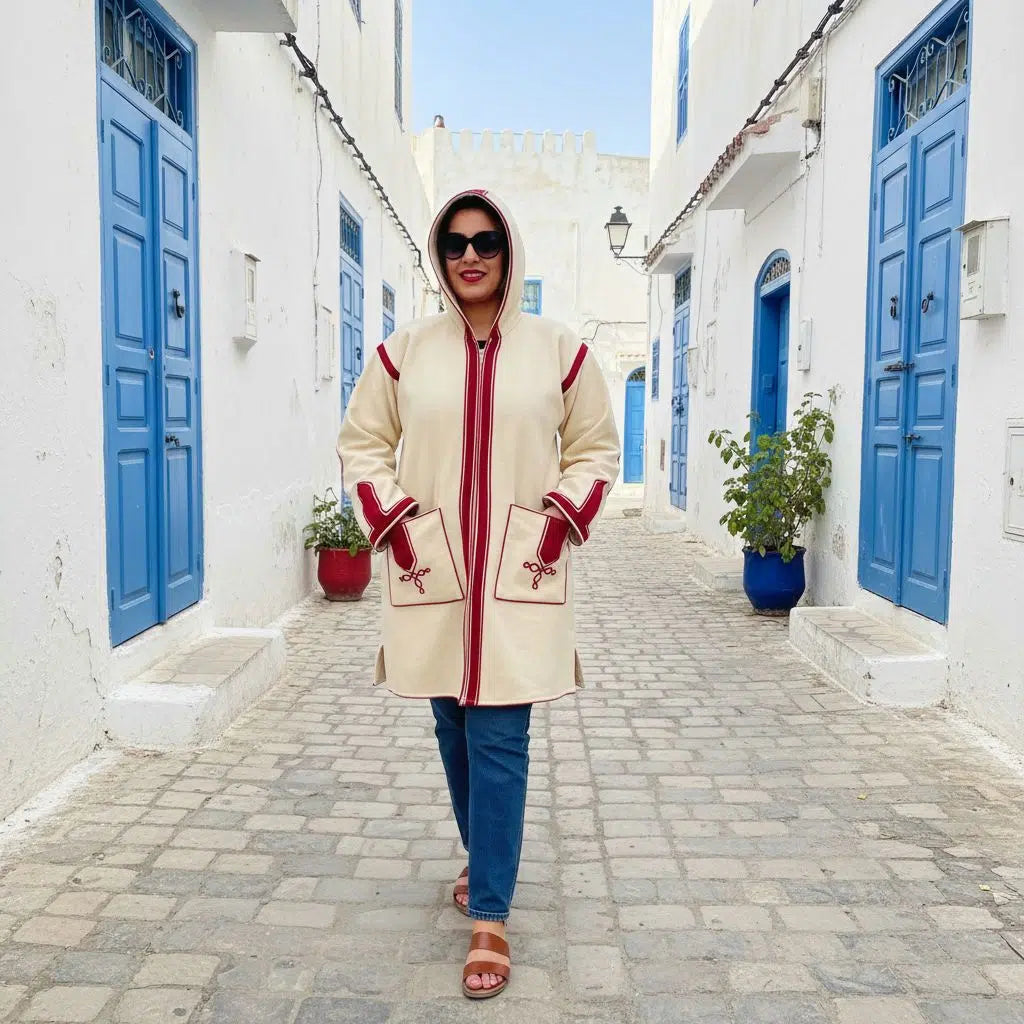 manteau laine beige élégant avec détails bordeaux taille M L