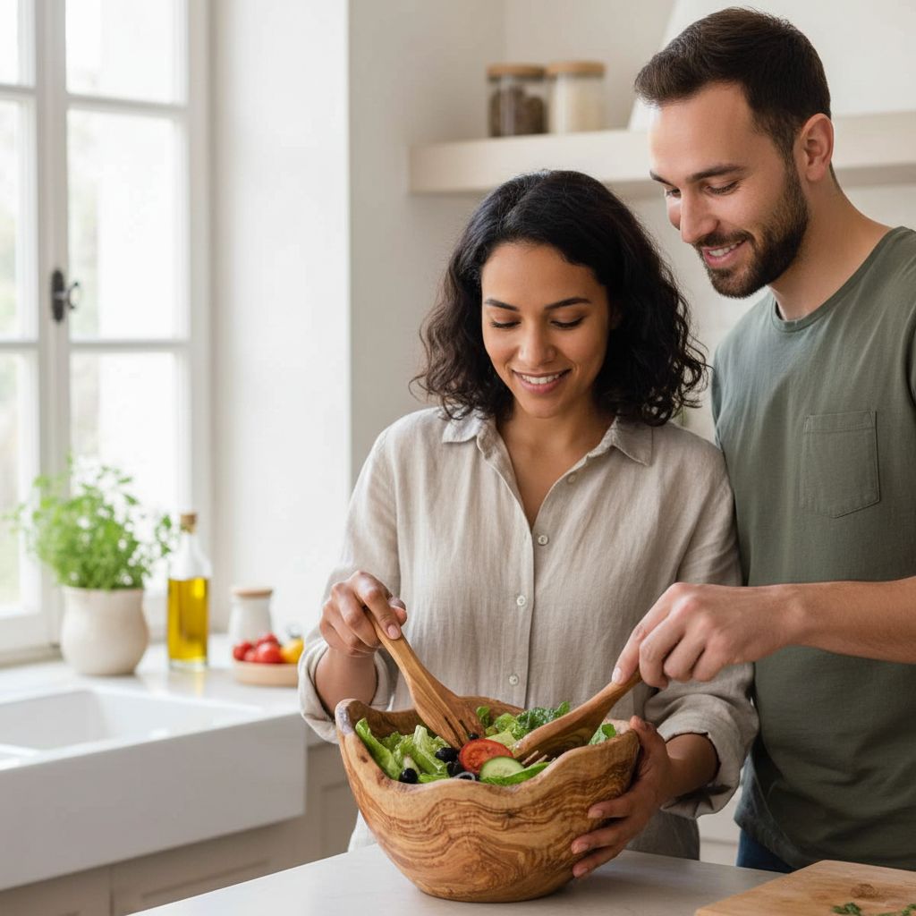 Bol en bois artisanal XL pour salades avec fourchettes élégantes