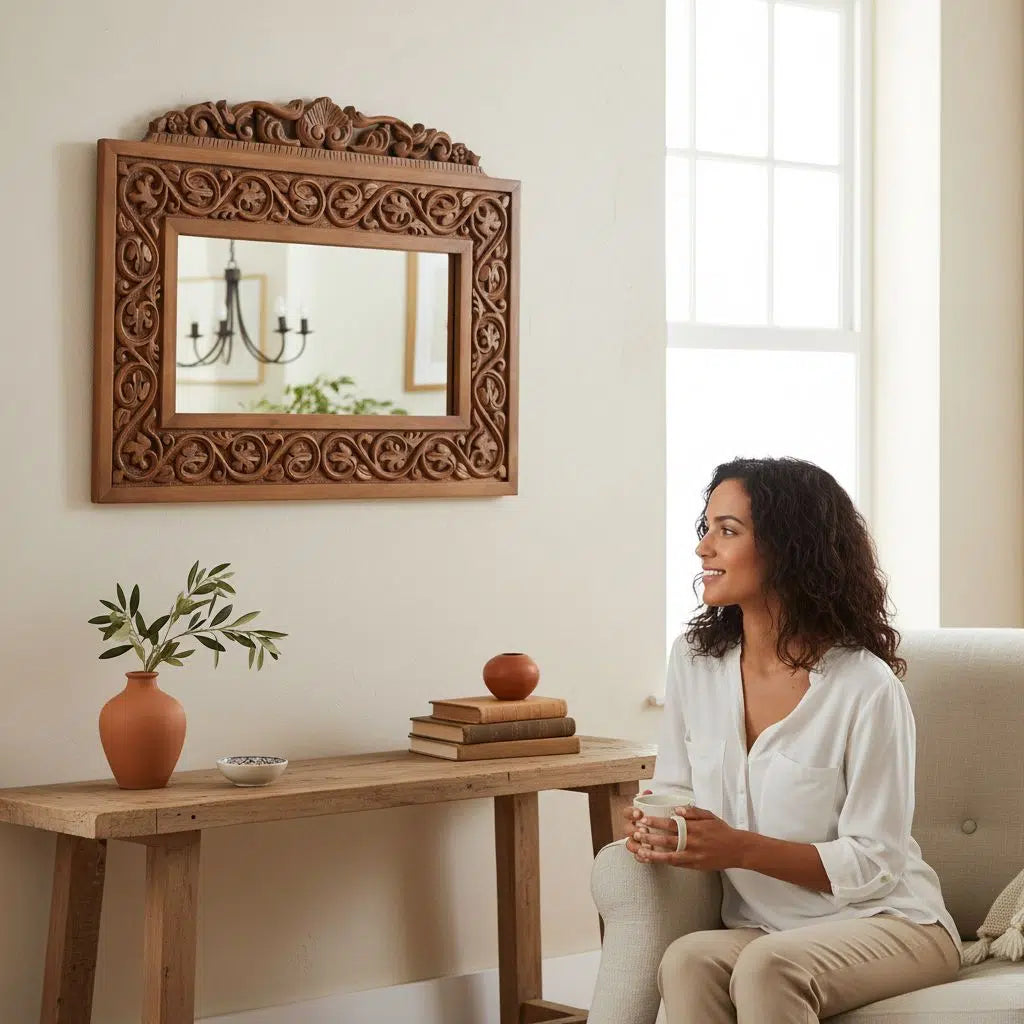 Miroir en bois sculpté à la main style antique 90 x 60 cm