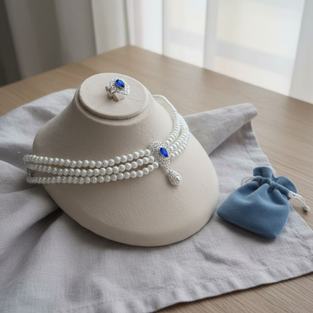 bijoux mariée élégants en perles et argent avec Swarovski bleu