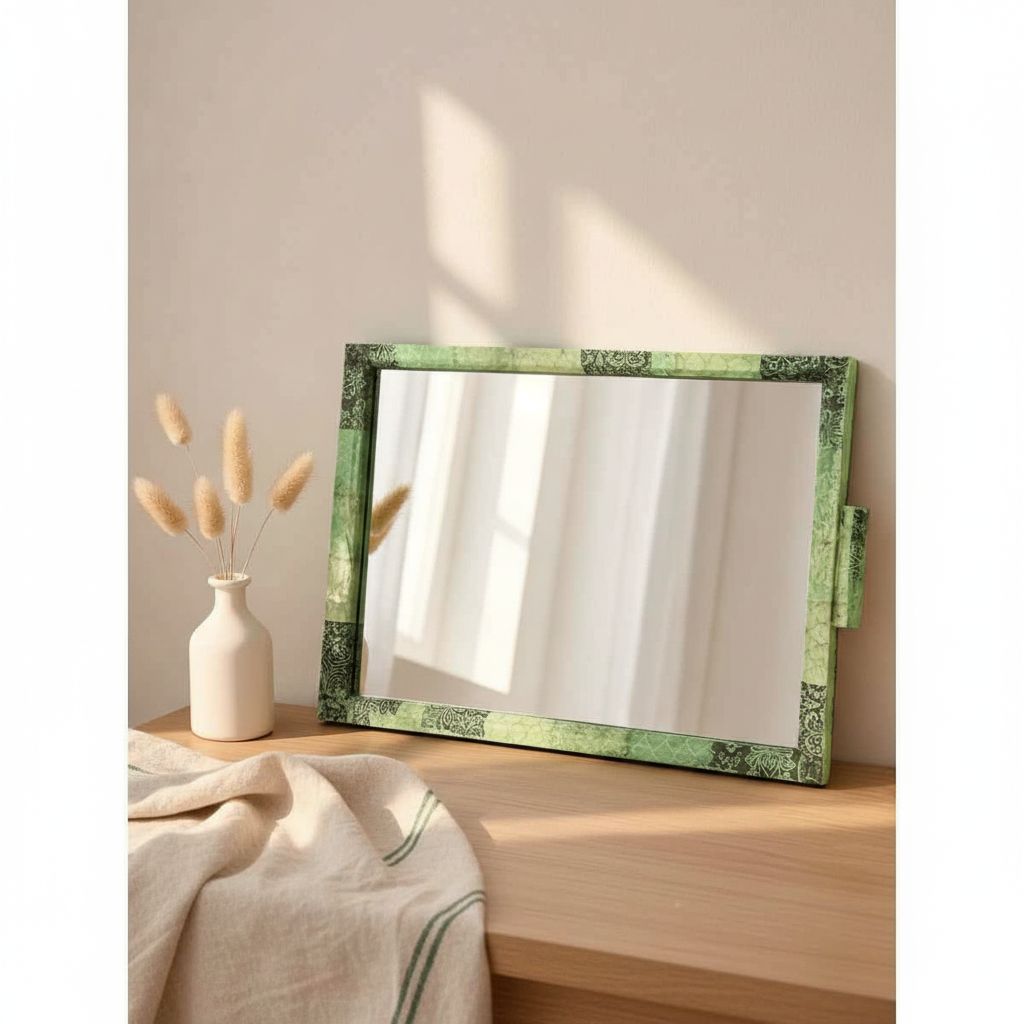 Plateau vert artisanal avec miroir design arabesque élégant