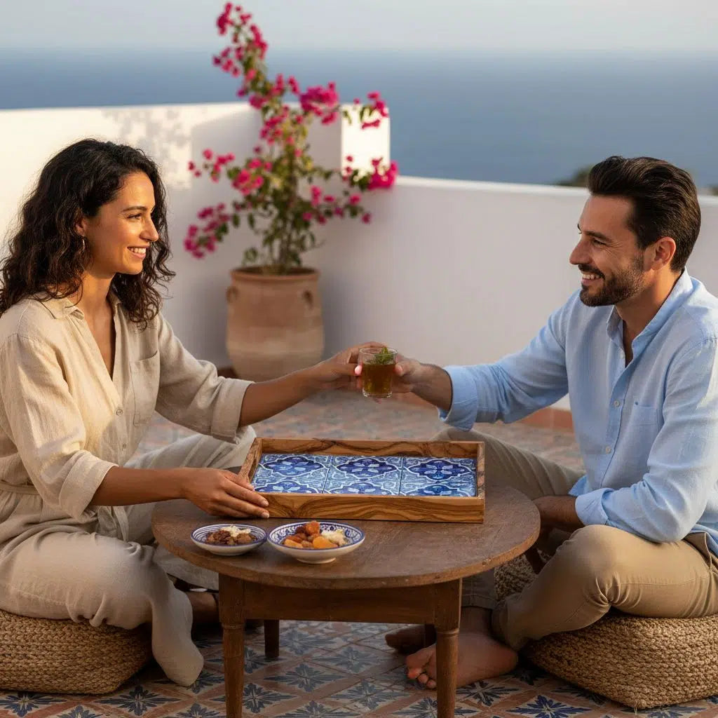 plateau en bois artisanal en mosaïque traditionnelle bleue