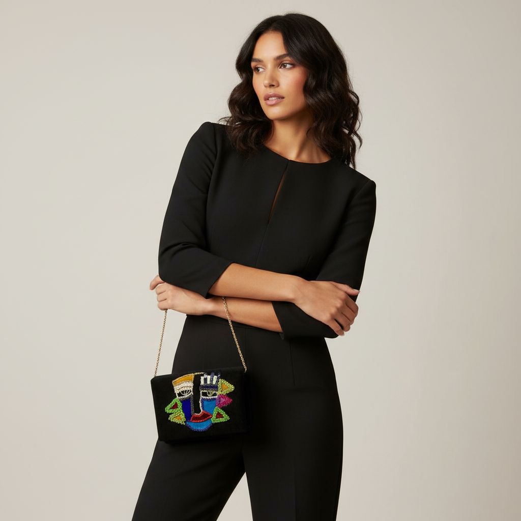pochette velours noir avec intérieur satin bleu