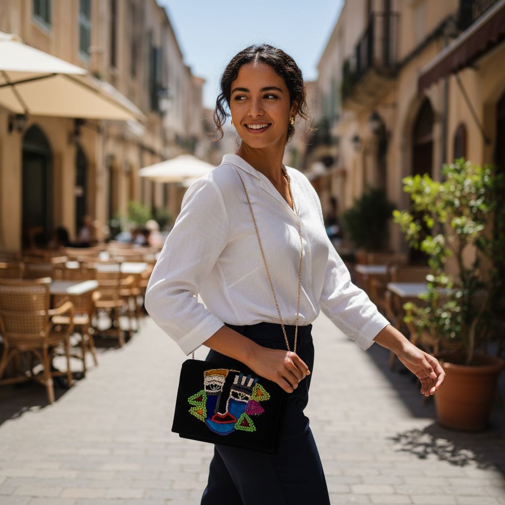 pochette soirée en velours noir avec visage brodé en perles