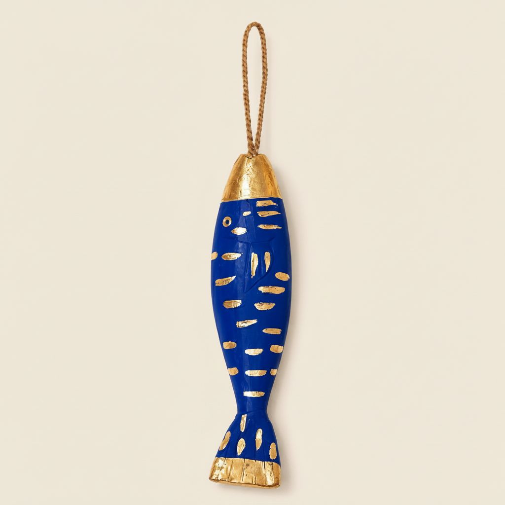 poisson décoratif en bois bleu et or artisanat exclusif