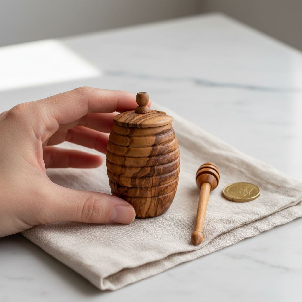 Pot à miel artisanal en bois d'olivier avec cuillère premium