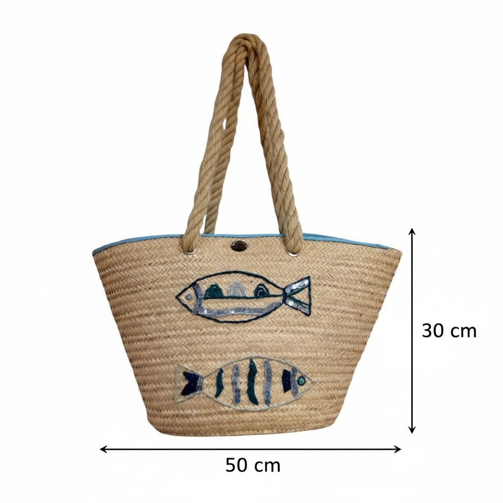 sac de plage en osier fait main motifs poissons bleu turquoise