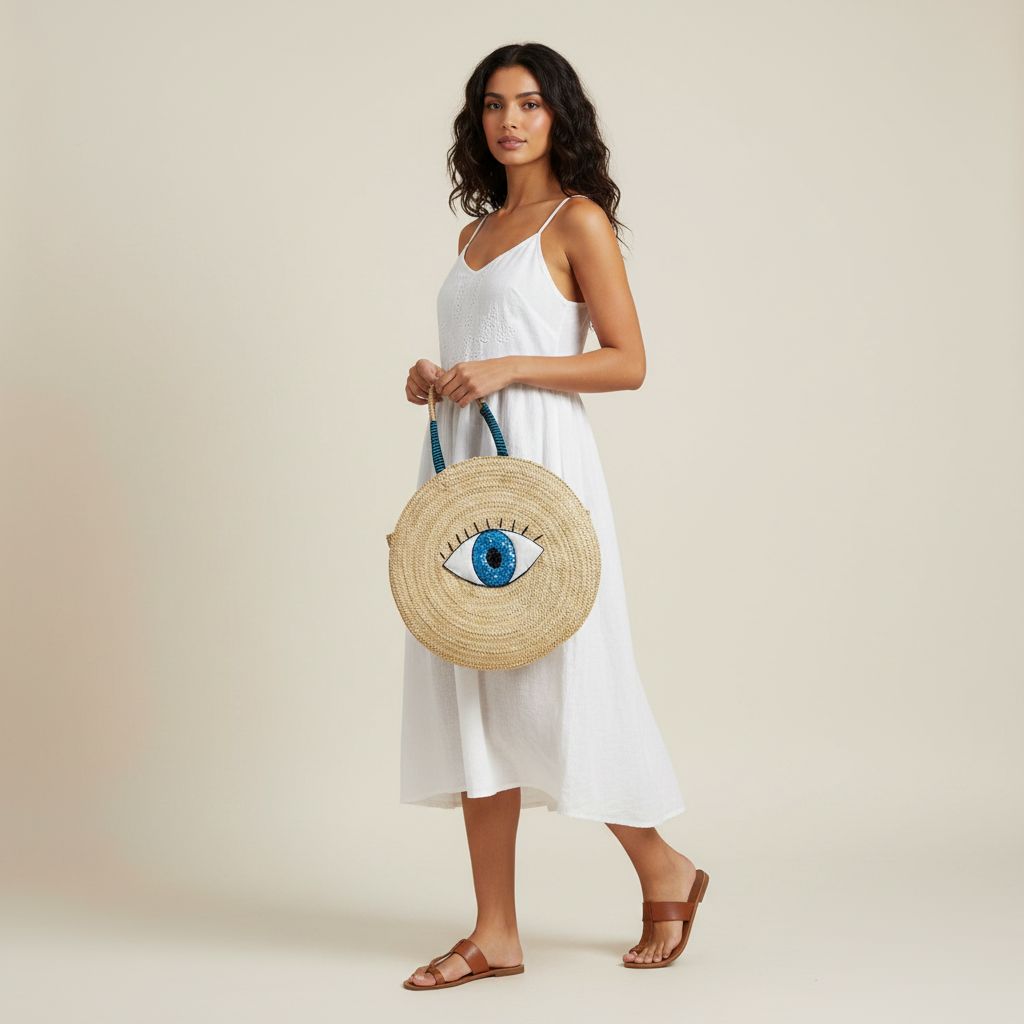 Sac couffin de plage rond en osier tressé avec œil bleu porte-bonheur