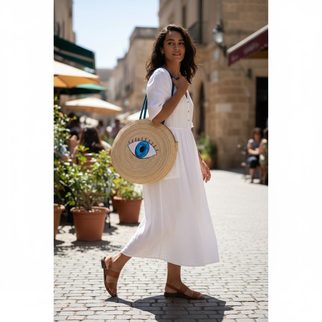 Sac couffin de plage rond en osier tressé avec œil bleu porte-bonheur