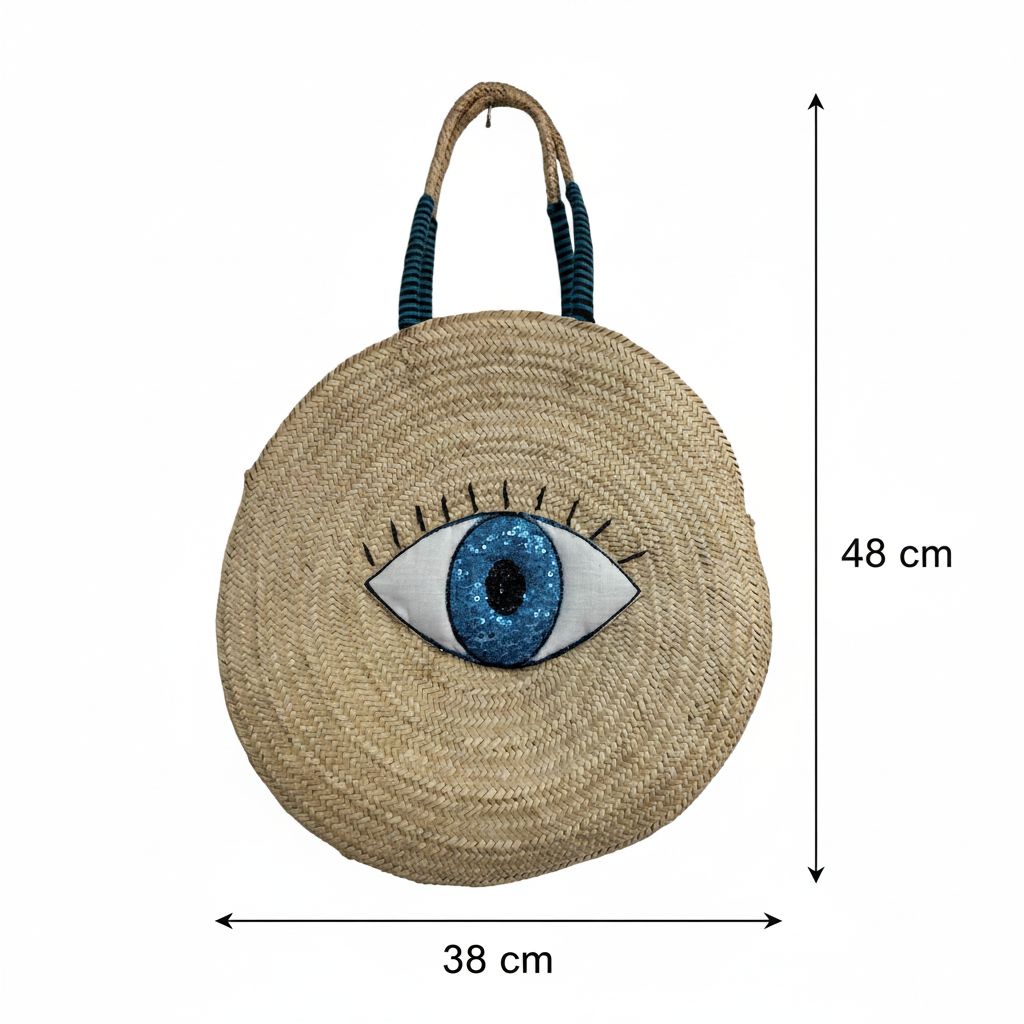 Sac couffin de plage rond en osier tressé avec œil bleu porte-bonheur
