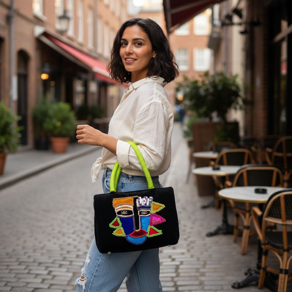 Sac à main velours noir chic avec broderie artistique