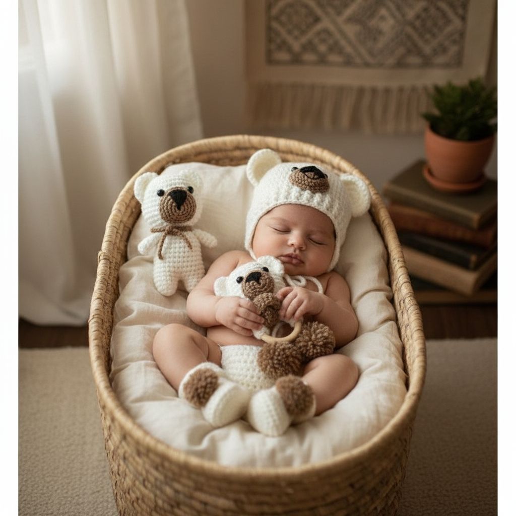 set ourson crochet pour nouveau-né en blanc et marron exclusif
