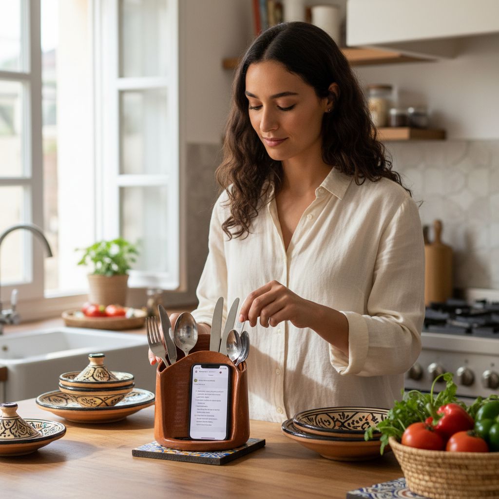 Support téléphone premium pour cuisine avec porte couverts élégant