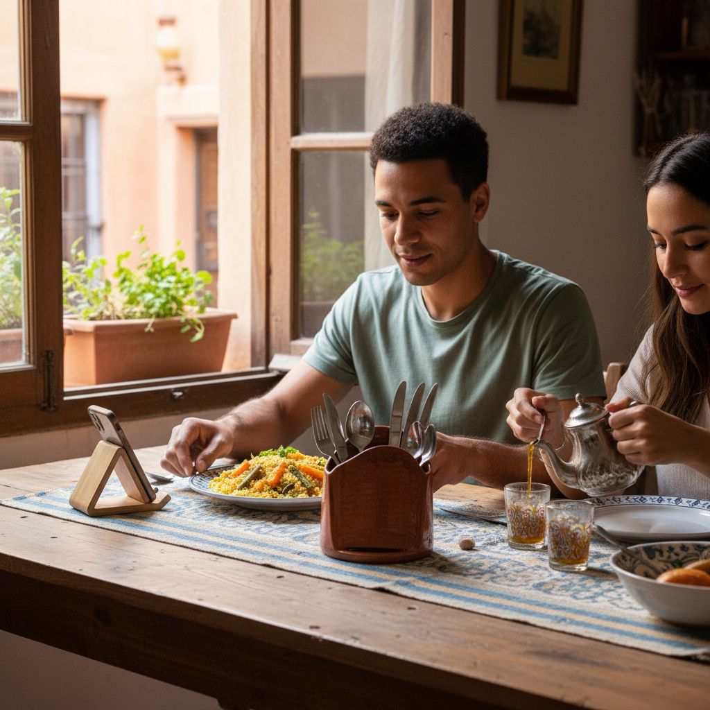 Support téléphone premium pour cuisine avec porte couverts élégant