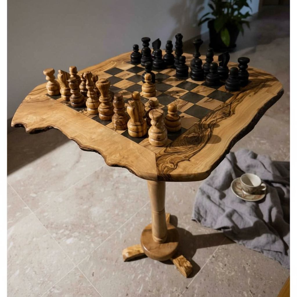 table échiquier en bois d'olives design exclusif 50x50 cm