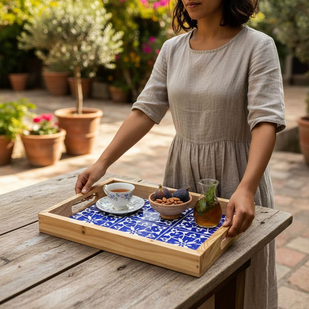 plateau en bois d'olivier et céramique bleu foncé élégant