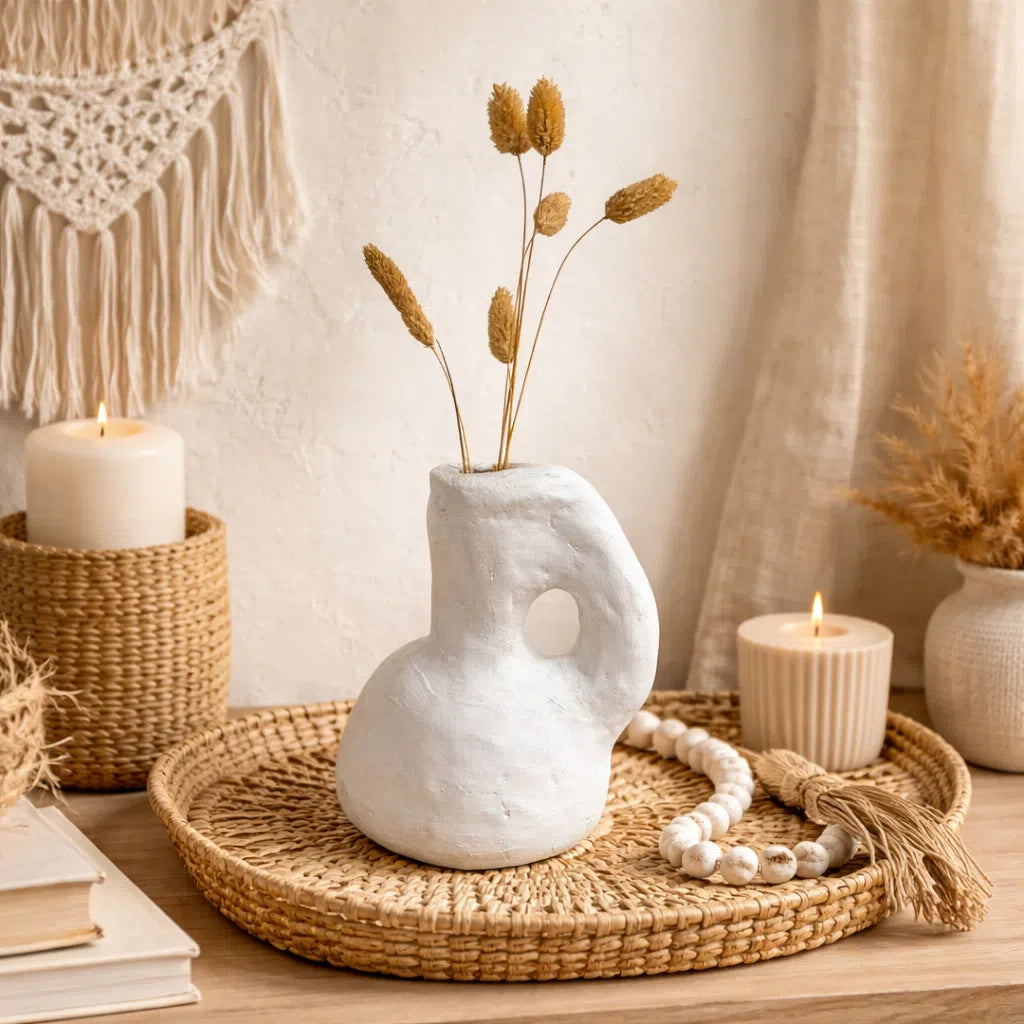 Vase blanc en poterie - Bouquet de fleurs séchées