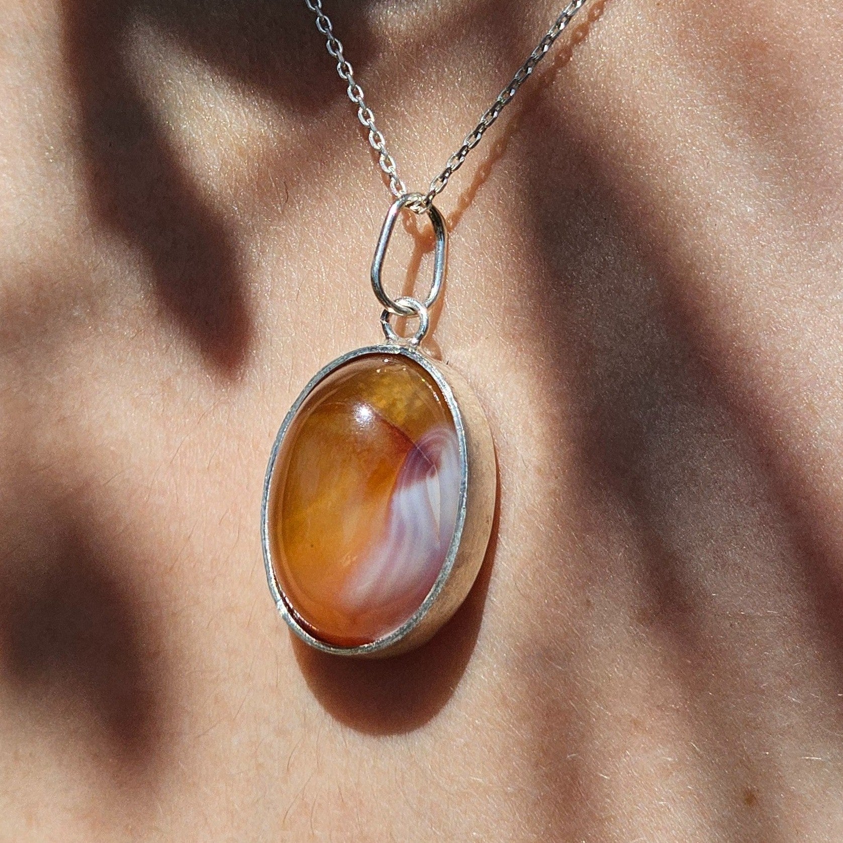 collier en argent 925 élégant avec pendentif agate orange naturel
