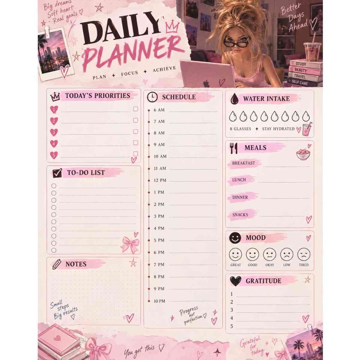 Planificateur quotidien rose premium pour productivité et bien-être
