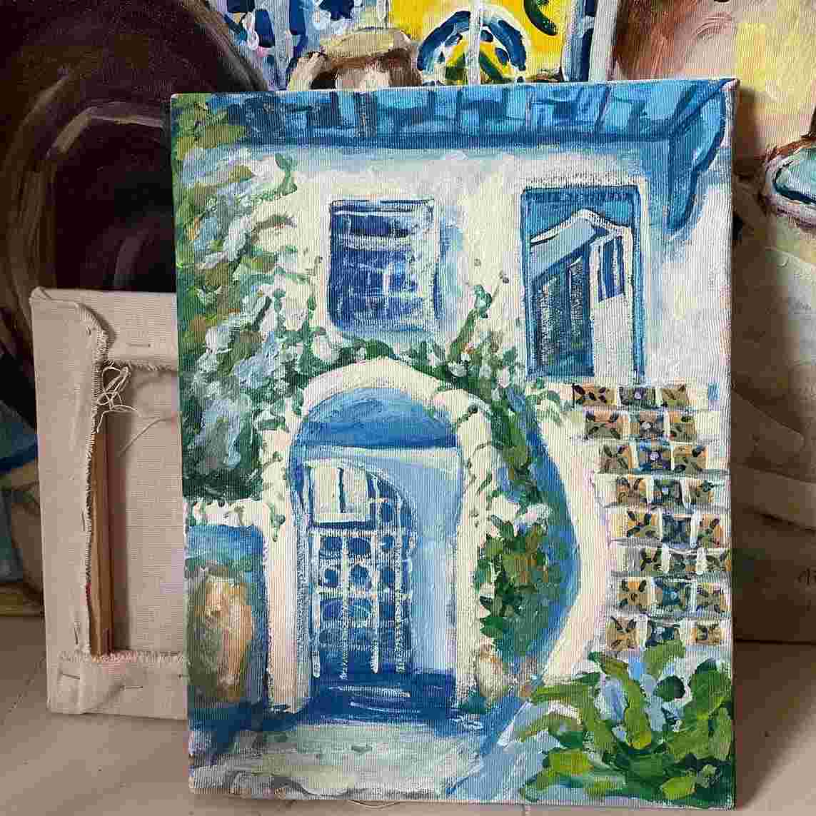 tableau méditerranéen exclusif bleu blanc et jaune 35 5x27 5 cm