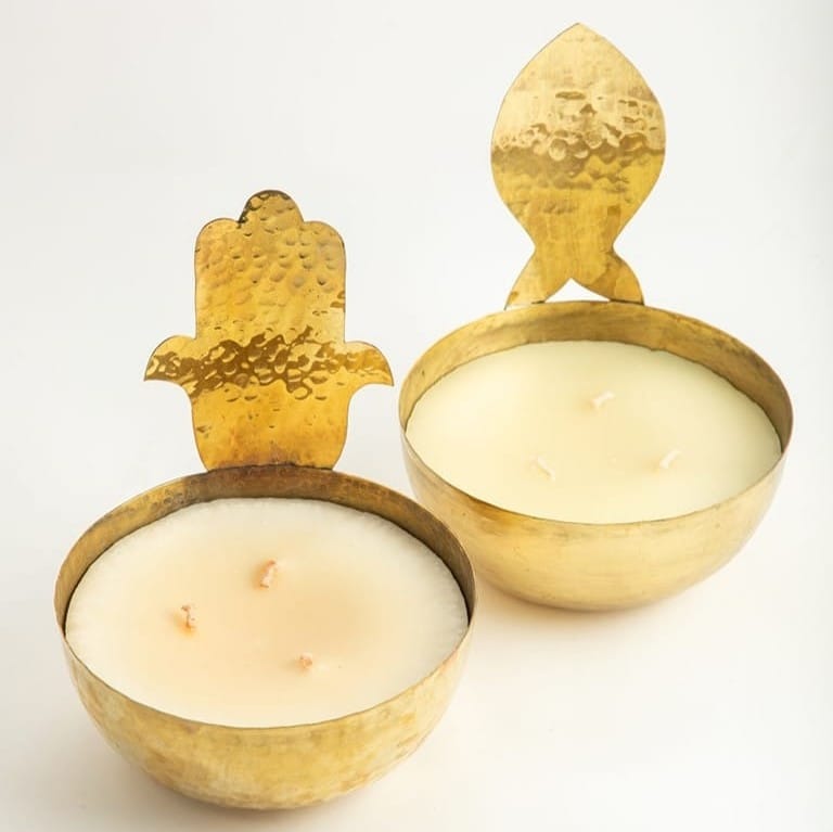 Berber handmade copper candle – 3 fragrances: Black Jasmine, Neroli, Lemon (14 x 13.5 cm) – Patterns: Tanit / Khomsa / 7outa