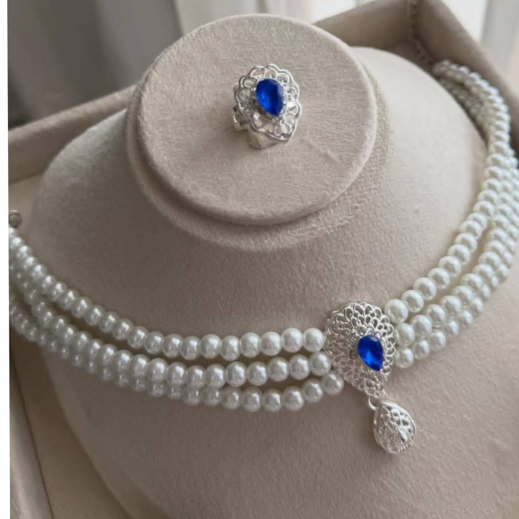 bijoux mariée élégants en perles et argent avec Swarovski bleu