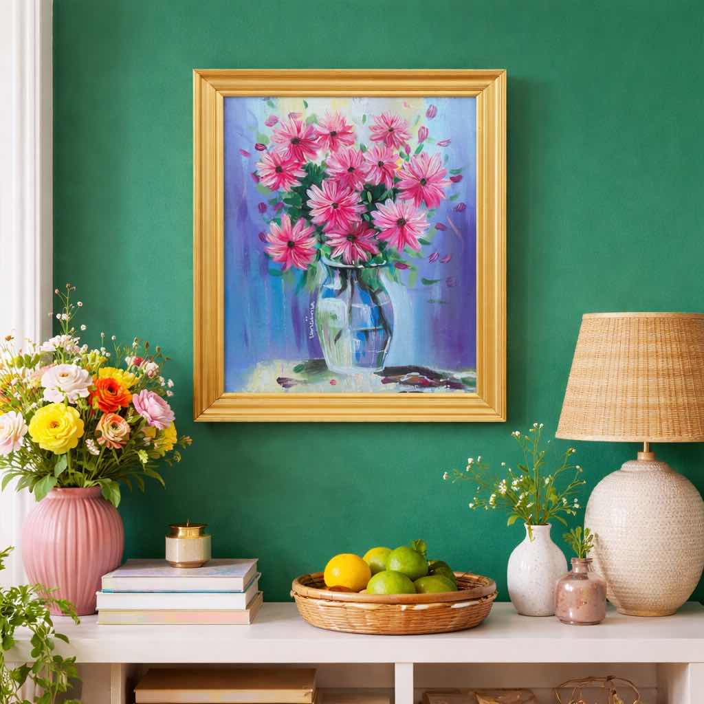 tableau floral unique en acrylique cadre vintage 1980 27x34 cm