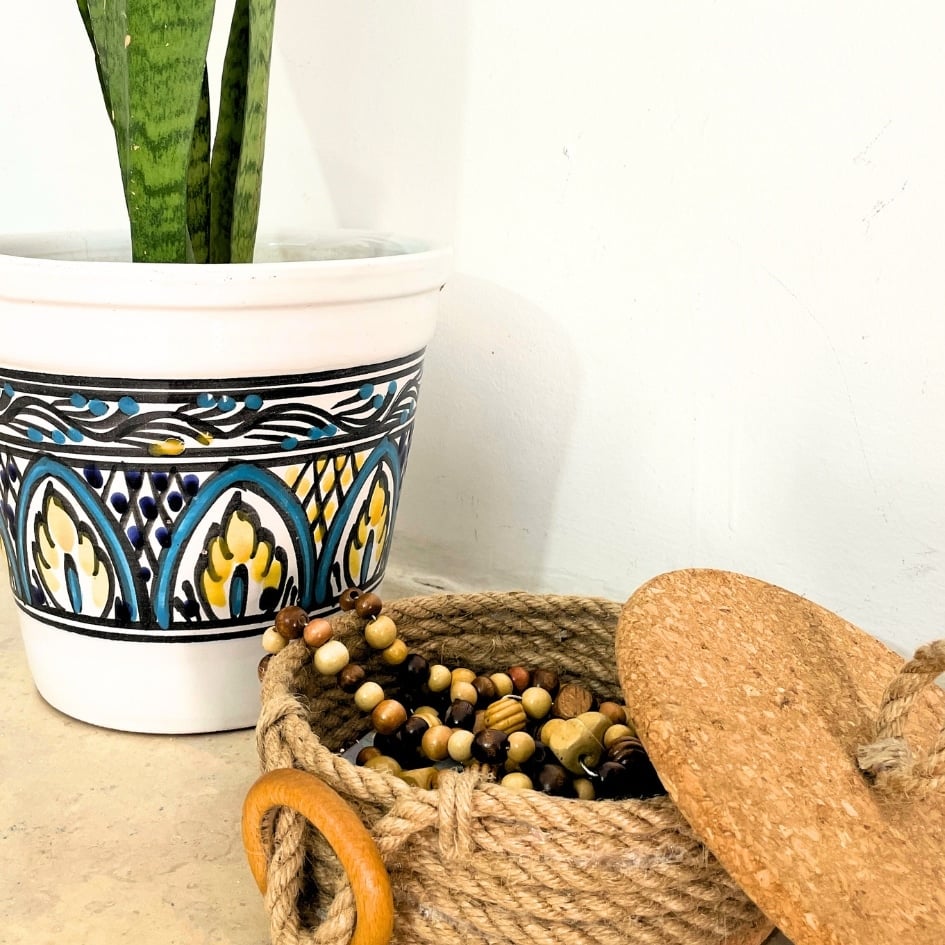 Boite à rangement Beige et avec motif en bois à 13 diamètre avec 3 dimensions di - artisanat Tunisien fait main | ILEYCOM