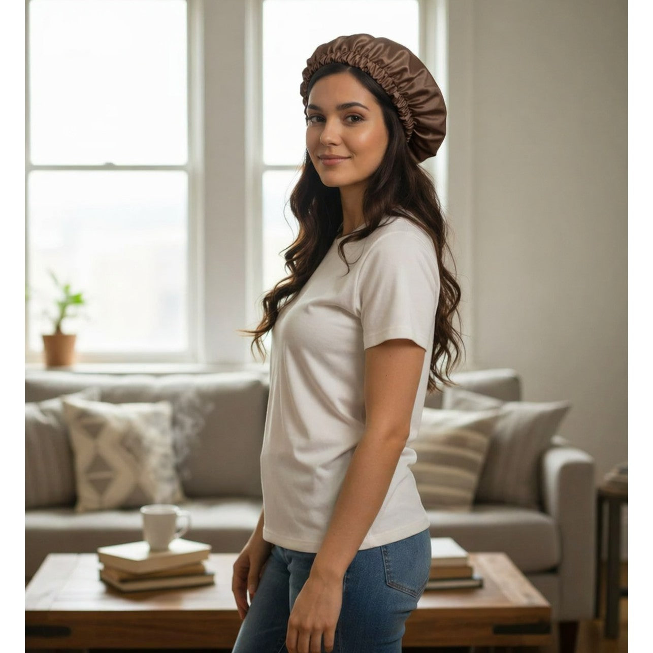 Bonnet Nuit Satin Luxe Marron - Confort et Protection Cheveux